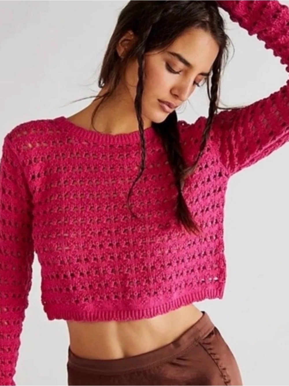 Free People Cropped Open-Knit Swim Coverup in Bright Pink